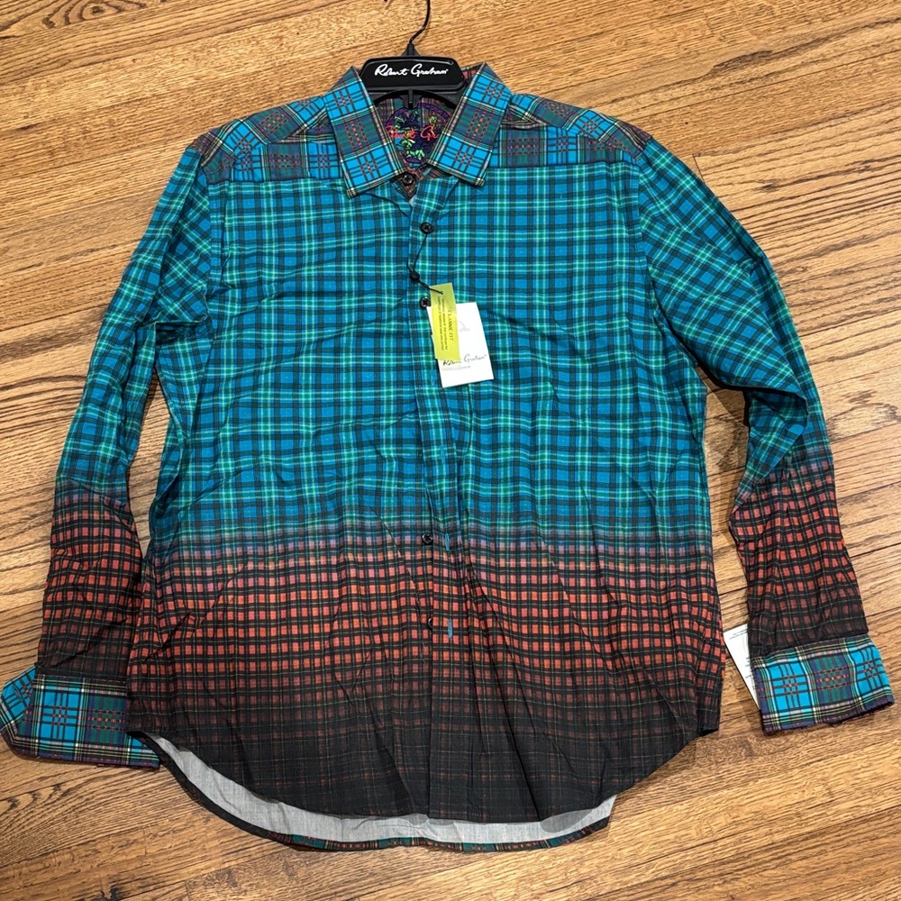 NWT Robert Graham Men's classic Fit  Turquoise and Rust Plaid Shirt Large